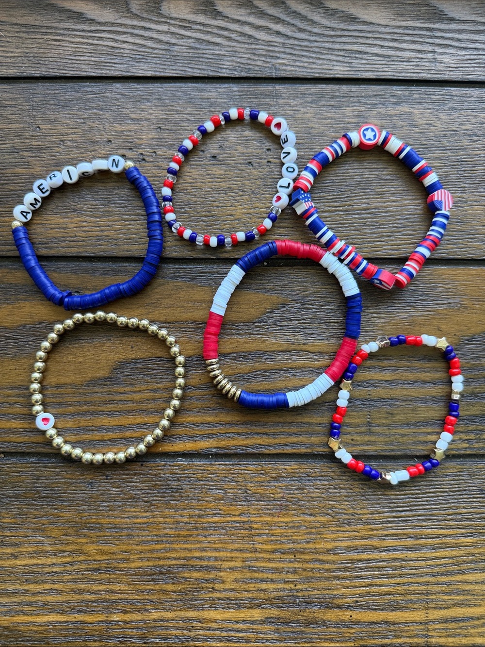 Patriotic Red, White & Blue Beaded Bracelet Set for Women Set of 6